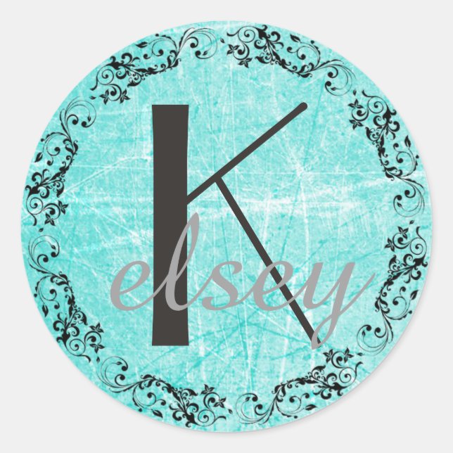 Monogrammed Initial Black and Teal Letter Sticker (Front)