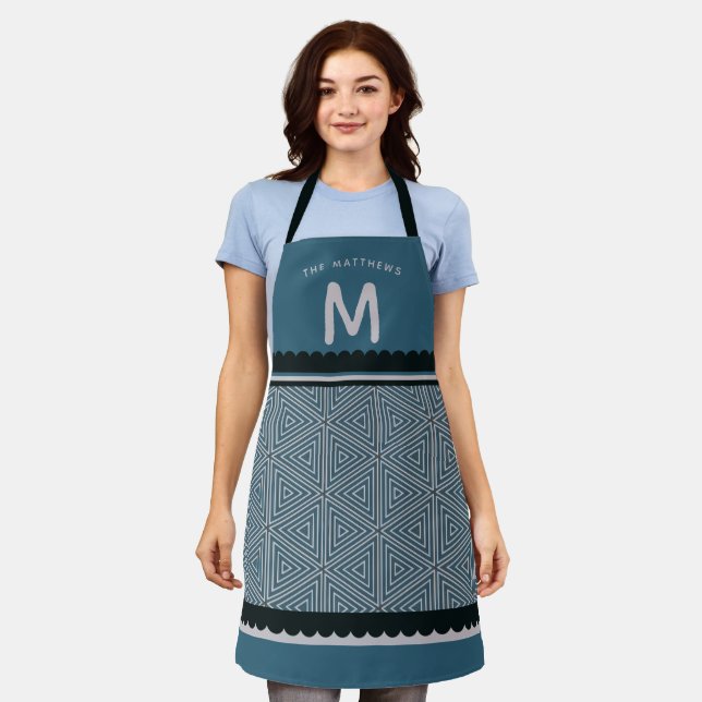 Monogrammed Initial Blue Geometric Kitchen Apron (Worn)