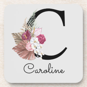 Monogrammed Initial C Pink Boho Floral Coaster