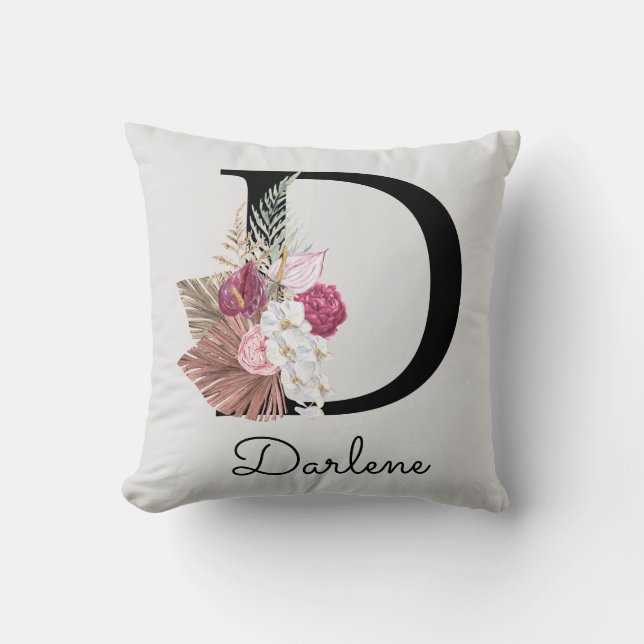 Monogrammed Initial D Pink Boho Throw Pillow (Front)