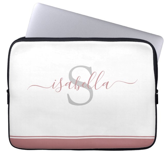 Monogrammed Initial Elegant Script Dusty Rose Laptop Sleeve (Front)