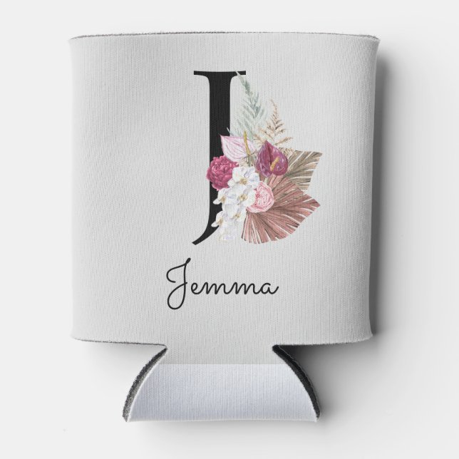 Monogrammed Initial J Pink Boho Floral Can Cooler (Front)