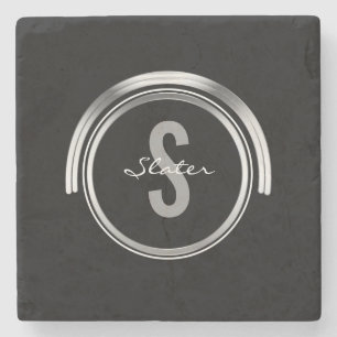 Monogrammed Initial Name   Simple Black Silver Stone Coaster