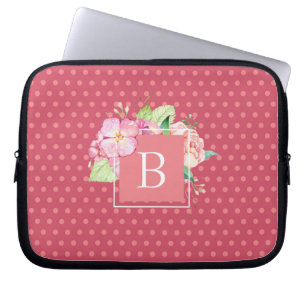 Monogrammed Initial Pink Dots & Pink Coral Floral Laptop Sleeve