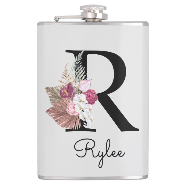 Monogrammed Initial R Pink Boho Girly Floral Hip Flask (Front)