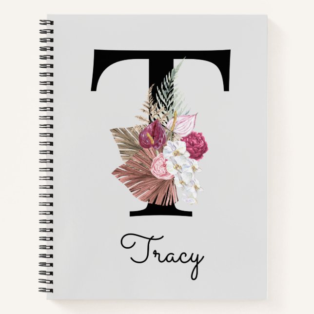 Monogrammed Initial T Pink Boho Girly Floral Notebook (Front)
