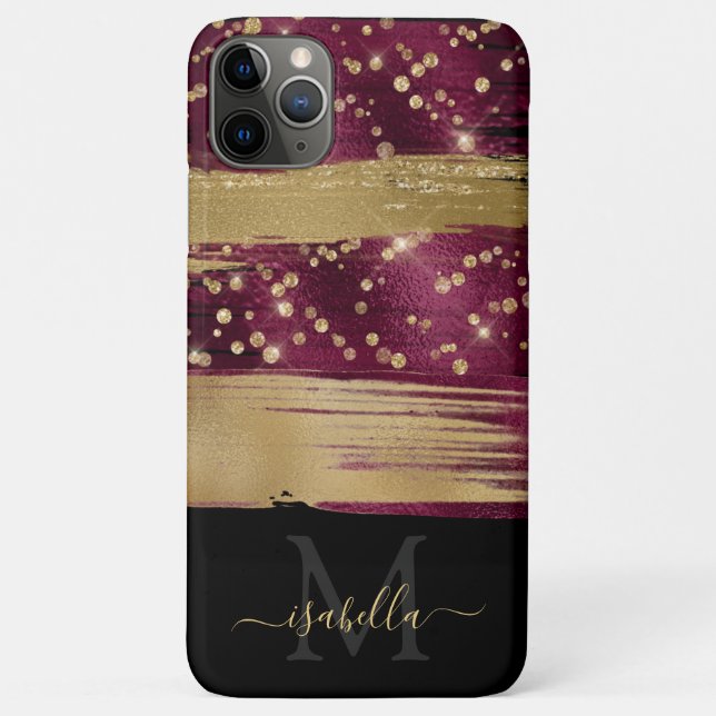 Monogrammed Initials Black Burgundy Gold Case-Mate iPhone Case (Back)