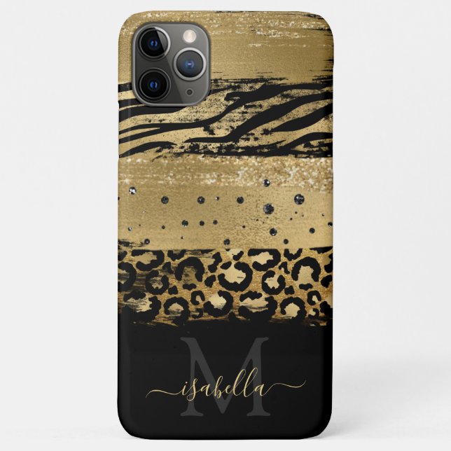 Monogrammed Initials Black Gold Animal Print Case-Mate iPhone Case (Back)