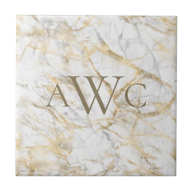 Monogrammed Initials Gold White Grey Marble  Tile (Front)
