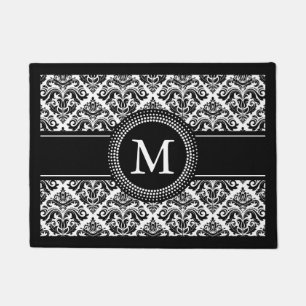 Monogrammed Initials Vintage Black White Damask Doormat