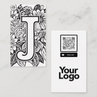 Monogrammed J Black and White Floral QR Code Logo Business Card