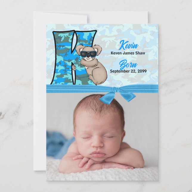 Monogrammed K Blue Koala Photo Birth Announcement (Front)