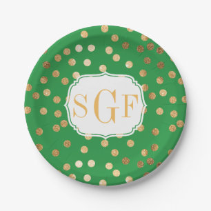 Monogrammed Kelly Green and Gold Glitter Dots Paper Plate