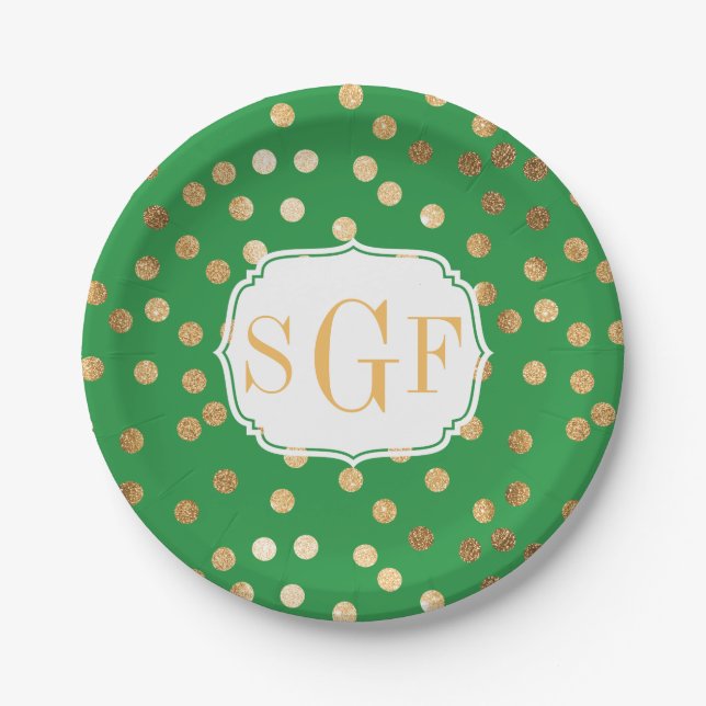 Monogrammed Kelly Green and Gold Glitter Dots Paper Plate (Front)