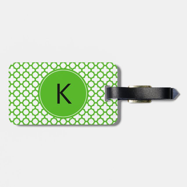 Monogrammed Kelly Green Quatrefoil Pattern Luggage Tag (Back Horizontal)