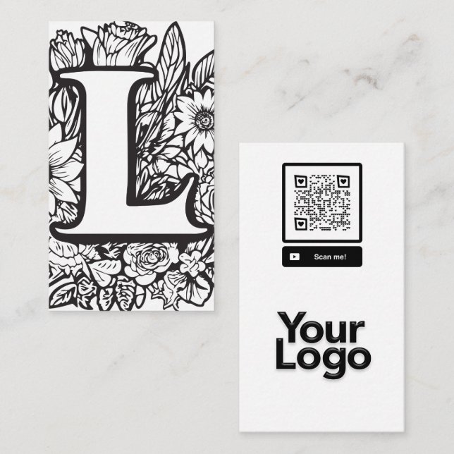 Monogrammed L Black and White Floral QR Code Logo Business Card (Front/Back)