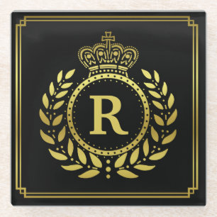 Monogrammed Laurel Wreath Crown Deco Black Gold Glass Coaster