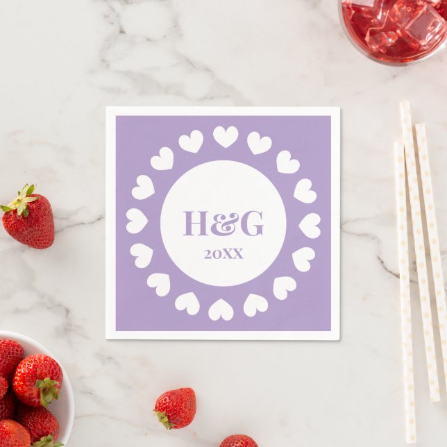 Monogrammed lavender wedding napkins with hearts (Insitu)