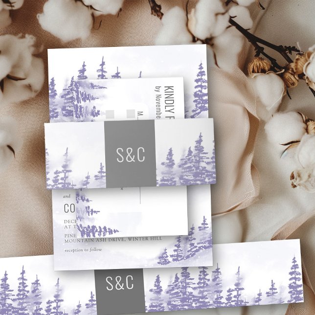 Monogrammed Lavender Winter Forest Wedding Invitation Belly Band (Wedding invitation belly bands from my Winter Forest Lavender Wedding Collection)