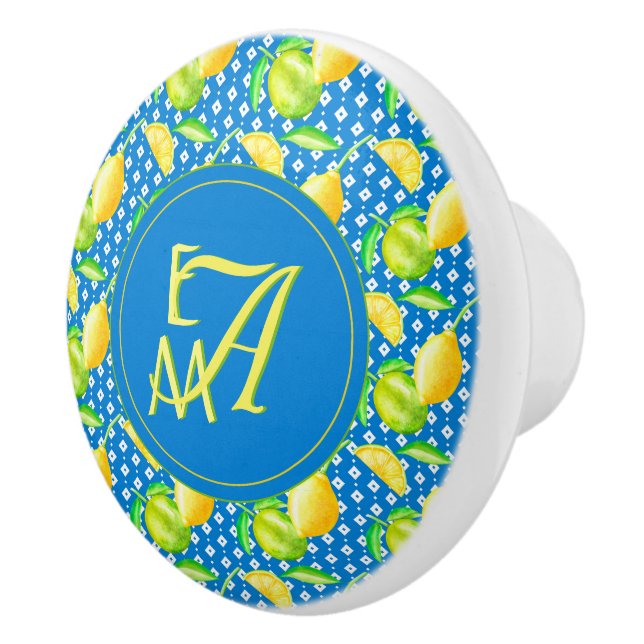 Monogrammed Lemon Tree Azure Blue Newlywed Decor Ceramic Knob (Right)