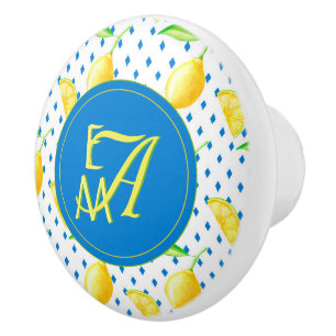 Monogrammed Lemon Tree Royal Blue Home Decor Ceramic Knob