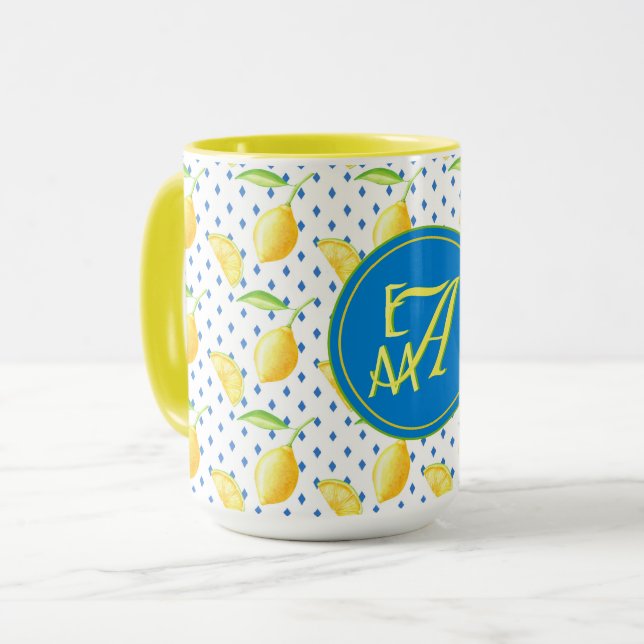 Monogrammed Lemon Tree Royal Blue Home Decor Mug (Front Left)