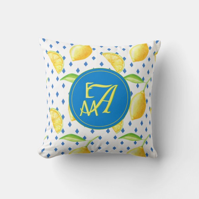 Monogrammed Lemon Tree Royal Blue Home Decor Throw Pillow (Front)