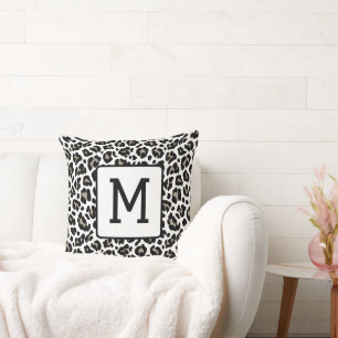 Monogrammed Leopard Print Black and White Throw Pillow