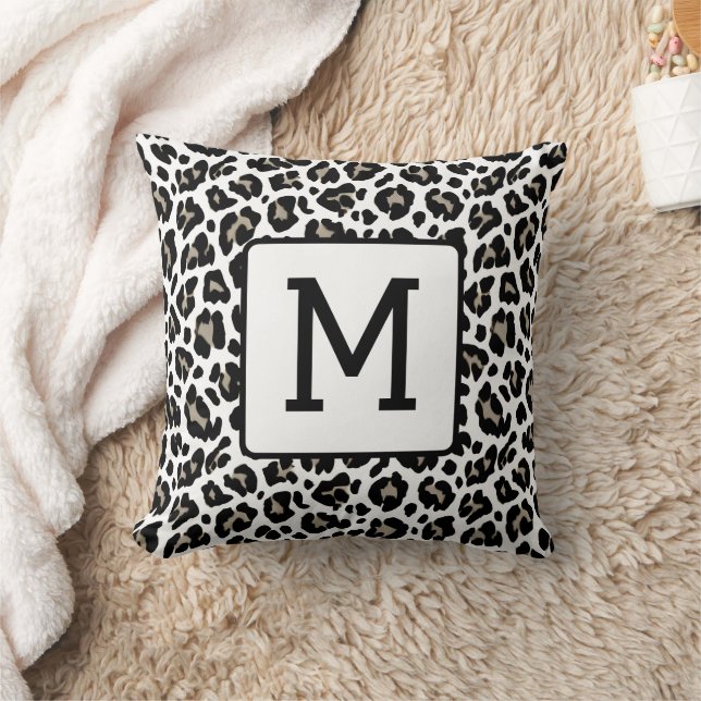 Monogrammed Leopard Print Black and White Throw Pillow (Blanket)