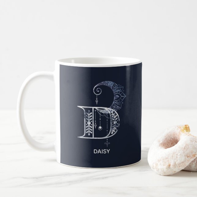 Monogrammed Letter D Boho Crescent Moon Mandala Coffee Mug (With Donut)
