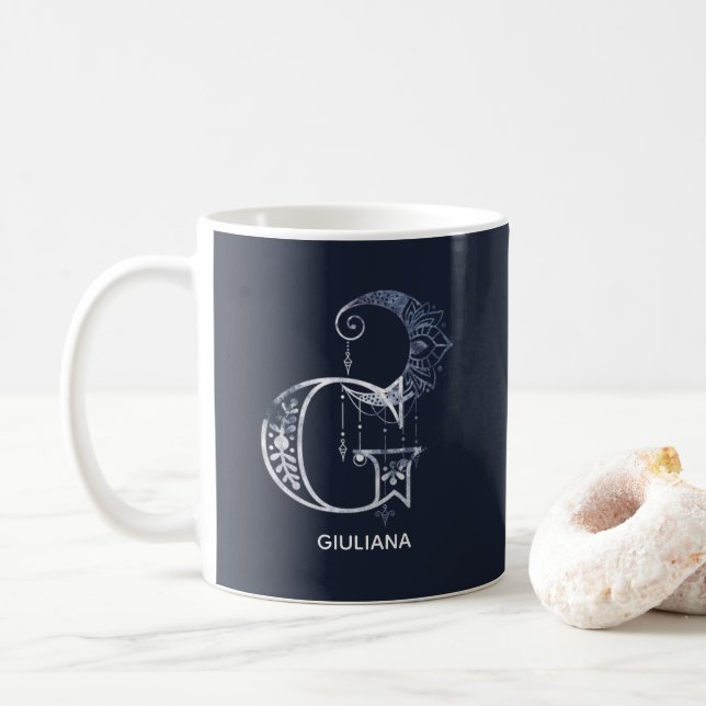 Monogrammed Letter G Boho Crescent Moon Mandala Coffee Mug (With Donut)