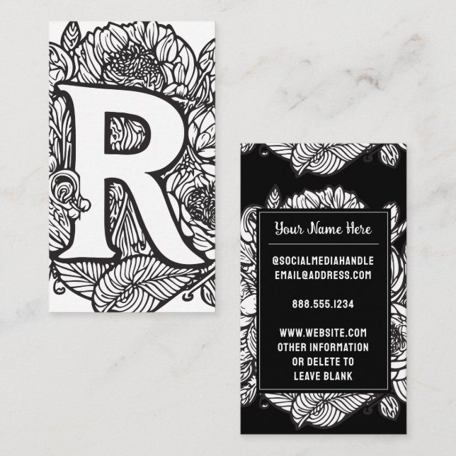 Monogrammed Letter R Black and White Floral Flower Business Card (Front/Back)