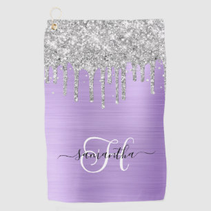 Monogrammed Light Lavender Silver Dripping Glitter Golf Towel