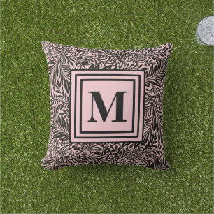 Monogrammed Light Pink and Black Chic Botanical Outdoor Pillow