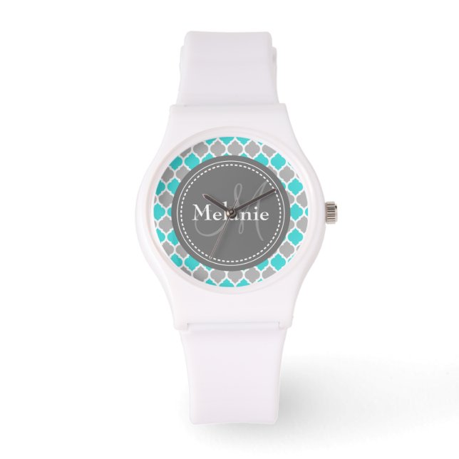 Monogrammed Light Teal & Grey Chevron Pattern Watch (Front)