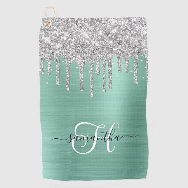 Monogrammed Light Teal Silver Dripping Glitter Golf Towel (Front)