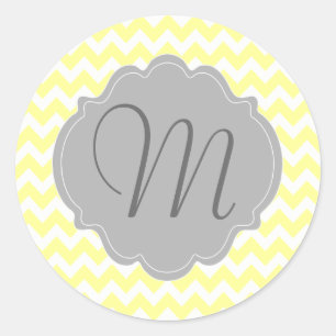 Monogrammed Light Yellow and Grey Chevron Pattern Classic Round Sticker