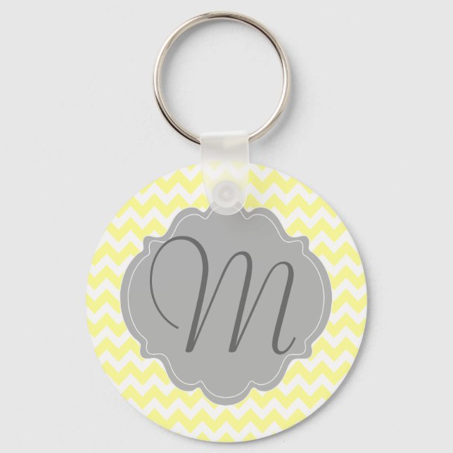 Monogrammed Light Yellow and Grey Chevron Pattern Keychain (Front)