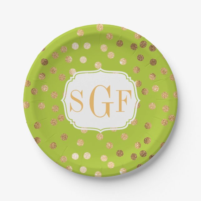 Monogrammed Lime Green and Gold Glitter Dots Paper Plate (Front)