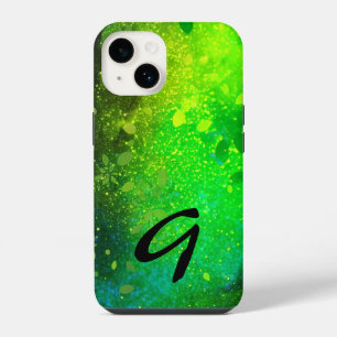 Monogrammed Lime Green Forest Faux Glitter iPhone 14 Case