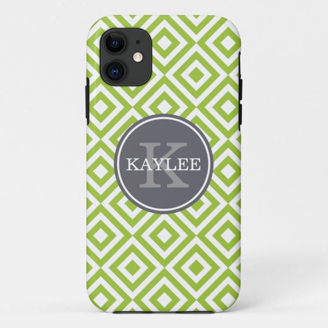 Monogrammed Lime Green Geometric Diamond Pattern Case-Mate iPhone Case (Back)