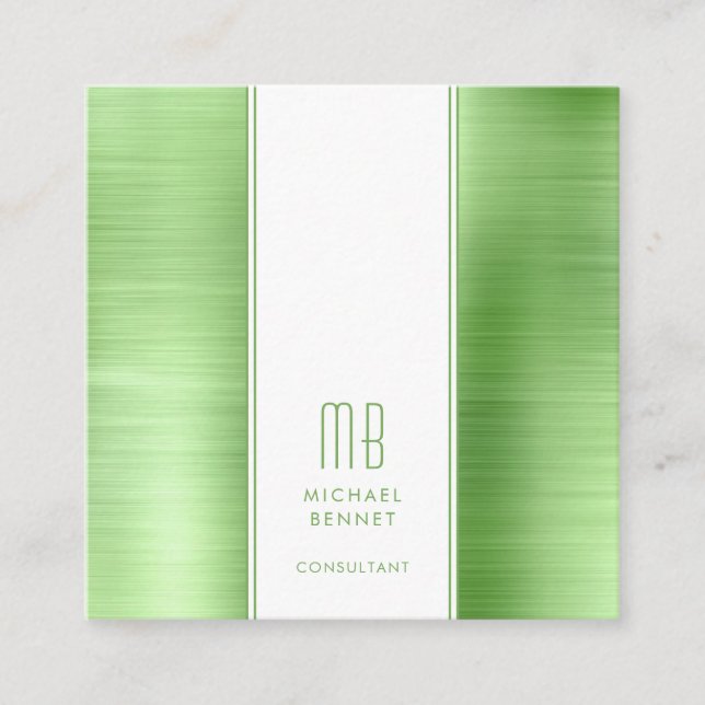 Monogrammed Lime Green Metallic Foil Consultant Square Business Card (Front)