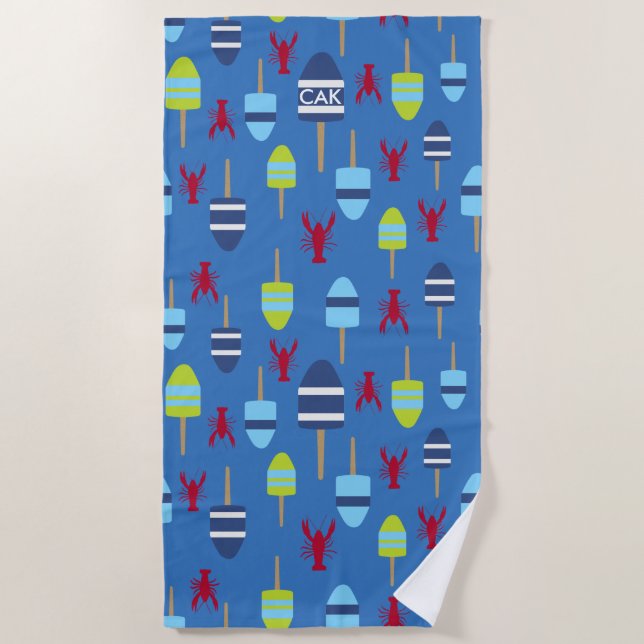 Monogrammed Lobster Buoy Nautical Beach House Fun Beach Towel (Front)