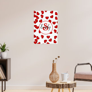 monogrammed love Red hearts pattern Poster
