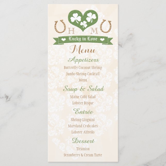 Monogrammed Lucky in Love Shamrock Menu Mariage (Devant)
