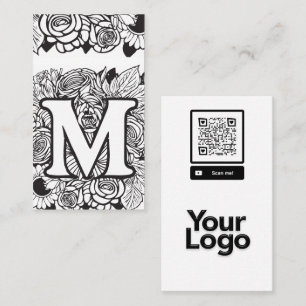 Monogrammed M Black and White Floral QR Code Logo Business Card