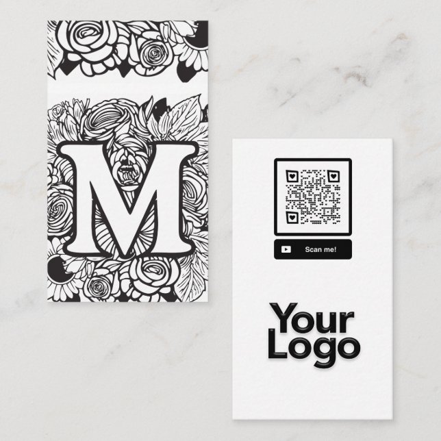 Monogrammed M Black and White Floral QR Code Logo Business Card (Front/Back)