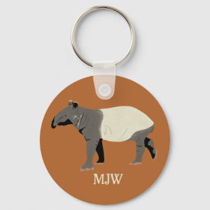 Monogrammed Malayan Tapir Animal Illustration Keychain