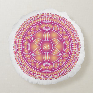 Monogrammed Mandala Golden Purple White Round Pillow