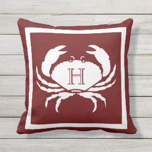 Monogrammed Maroon Rust Red White Crab Nautical  Outdoor Pillow